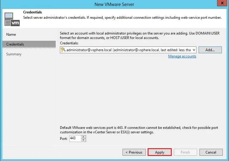 veeam add server credentials