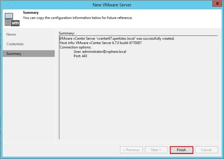 veeam add vcenter server summary