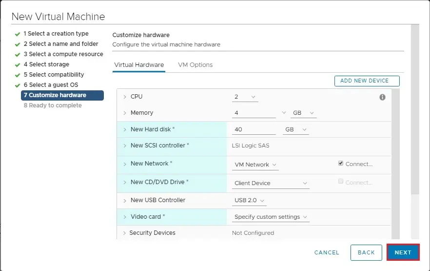 virtual machine customize hardware