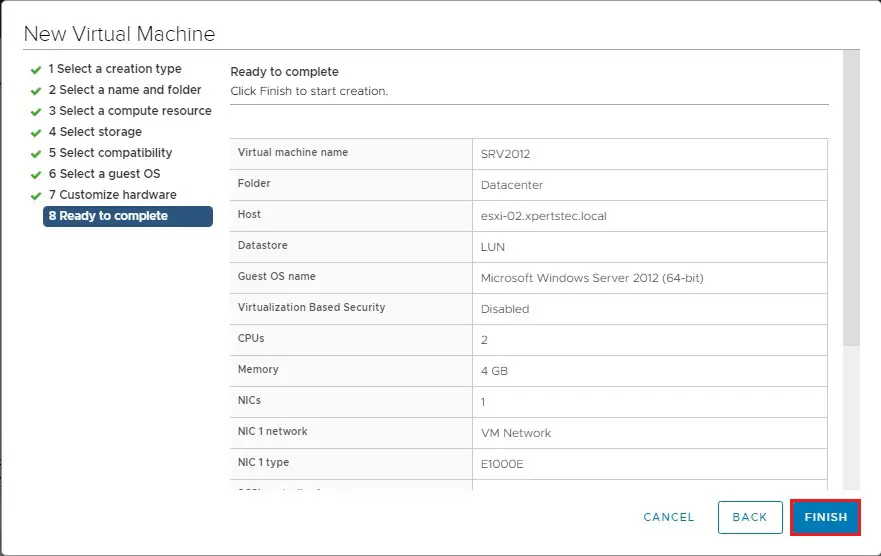 create new virtual machine summary