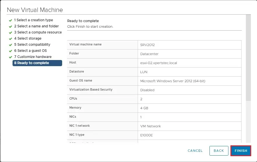 create new virtual machine summary