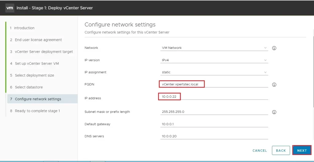 deploy vcenter 7 configure network settings