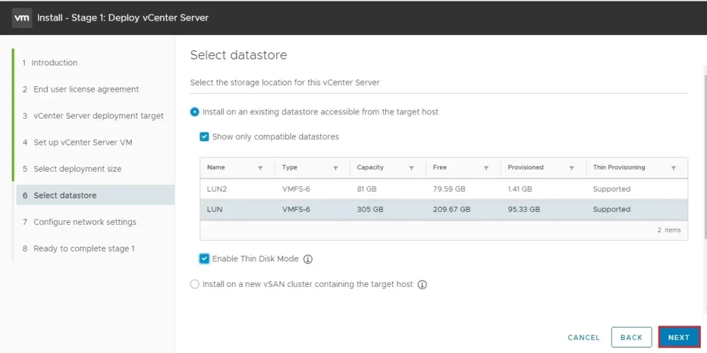 deploy vcenter 7 select datastore