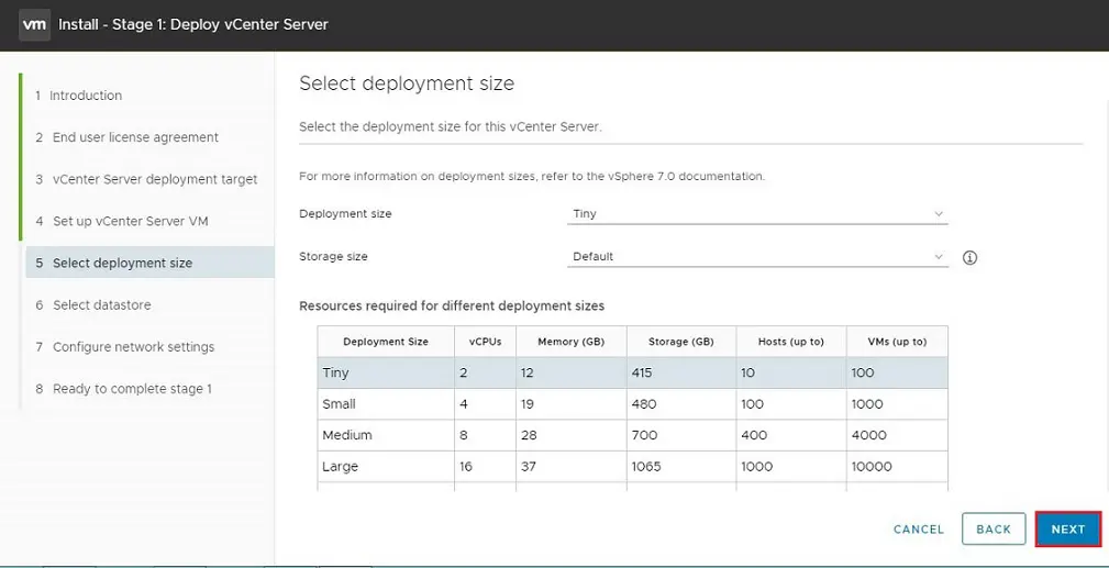 deploy vcenter 7 select deployment size