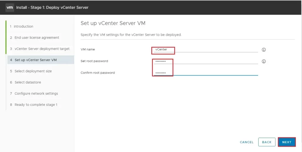 deploy vcenter 7 set up server vm