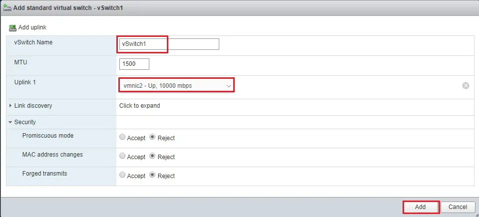 esxi 7 add standard virtual switch