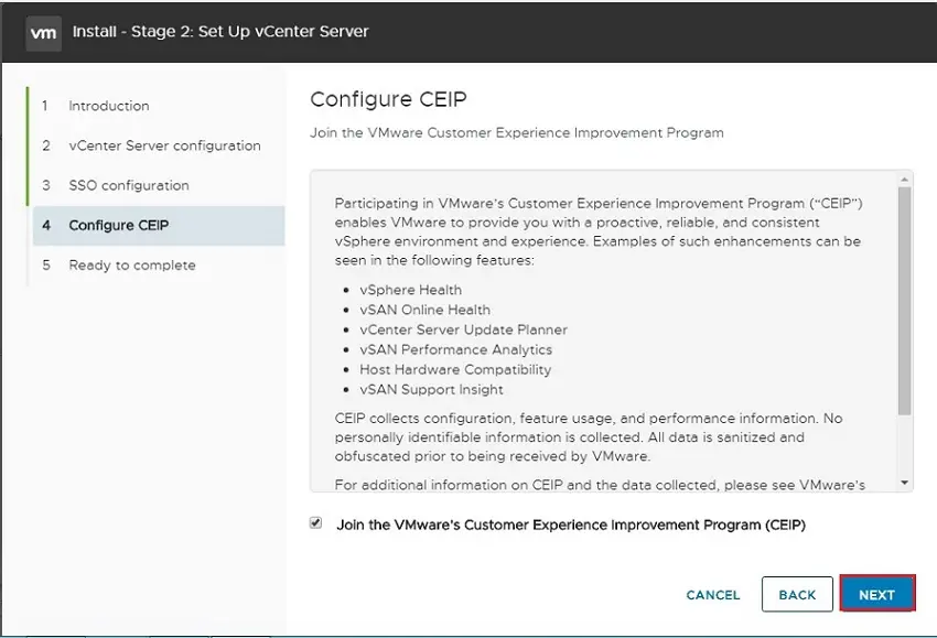 setup vcenter server configuration ceip