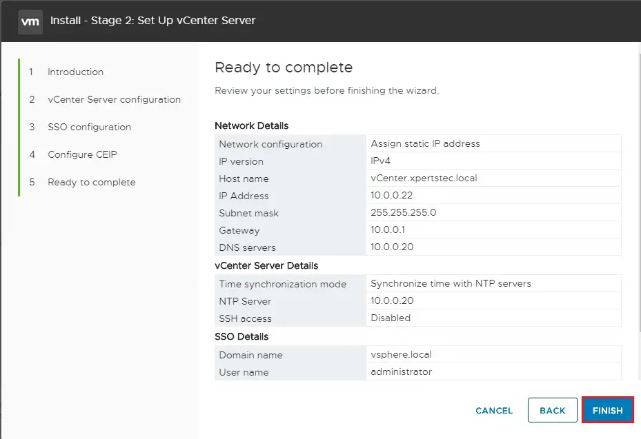 setup vcenter server review settings