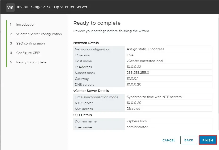 setup vcenter server review settings