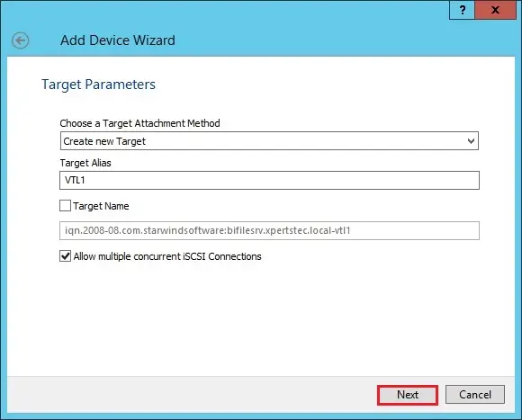 starwind virtual tape wizard target parameter