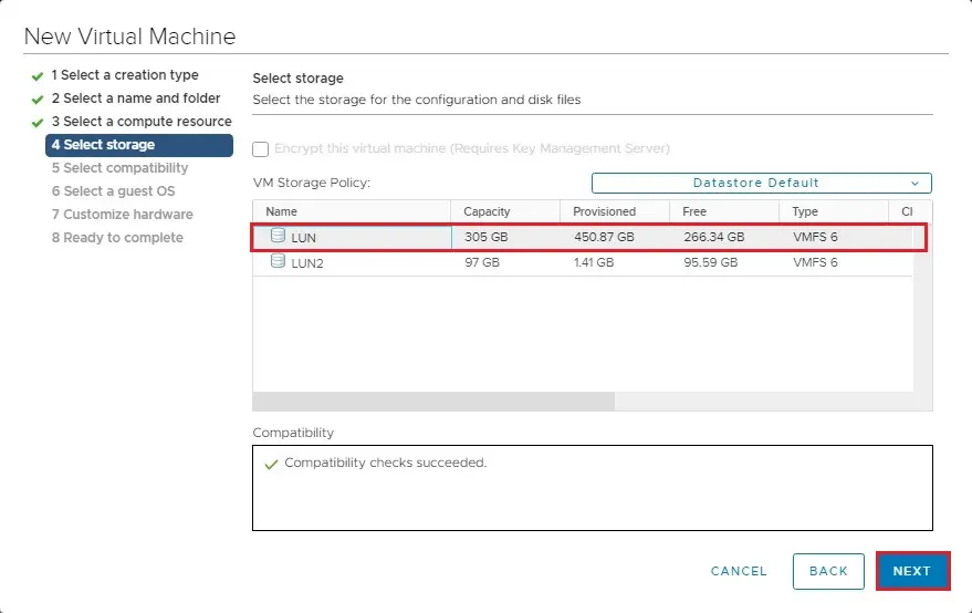 vcenter new vm select storage