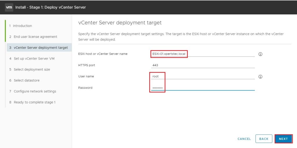 vcenter server 7 deployment target