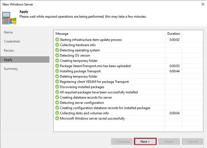 veeam add new server apply