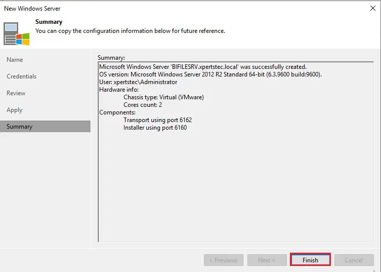 veeam add new windows server summary