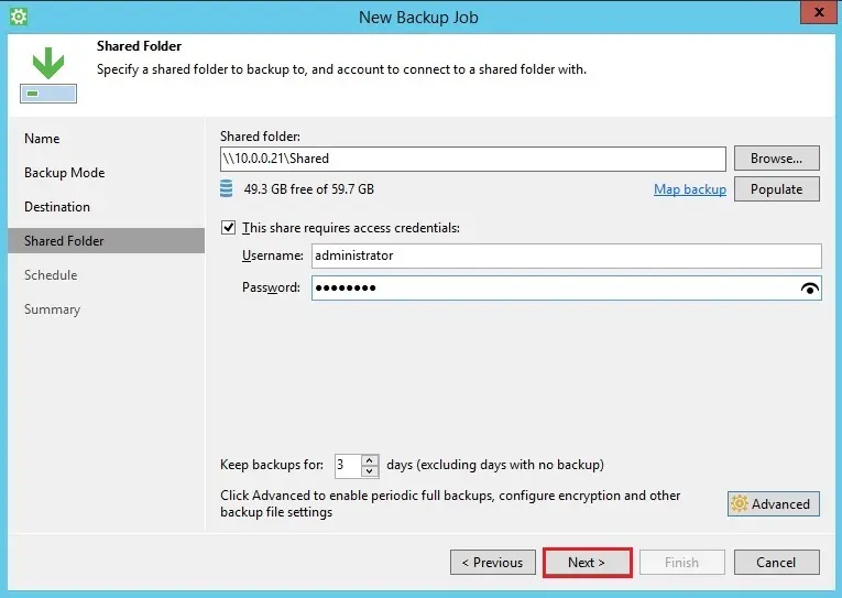 veeam agent new backup shared folder