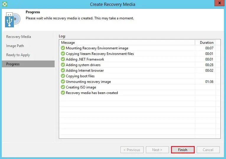 veeam create recovery media progress