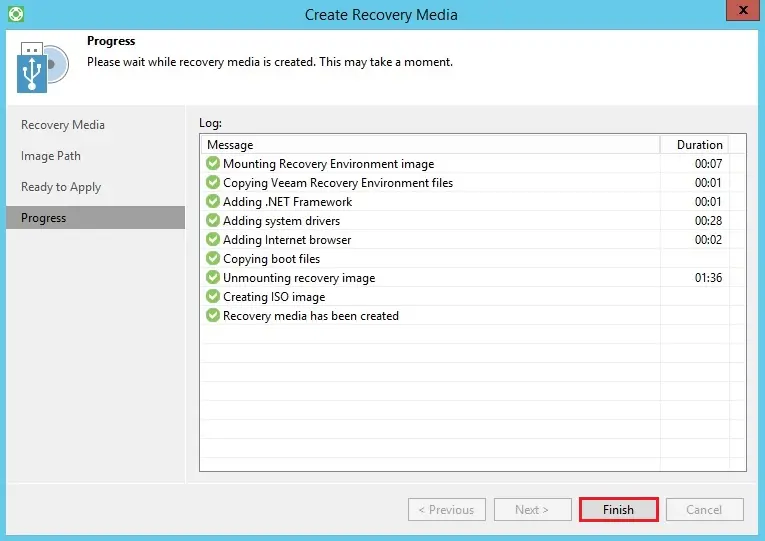 veeam create recovery media progress