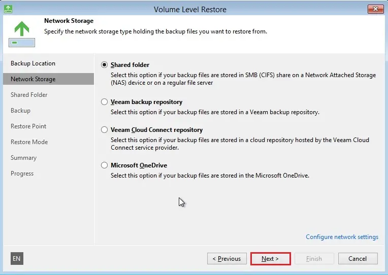 veeam recovery media network storage