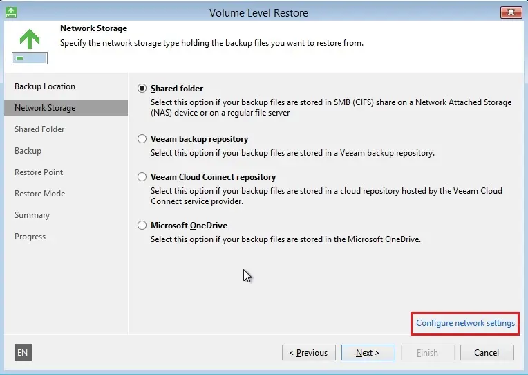 veeam recovery media network storage