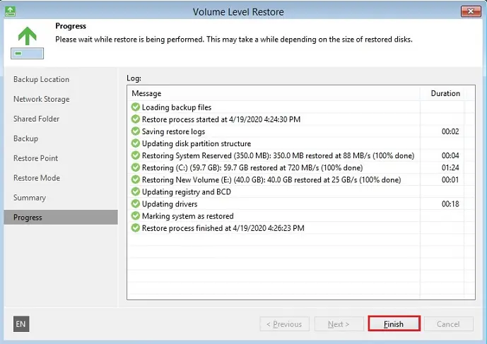 veeam recovery media progress