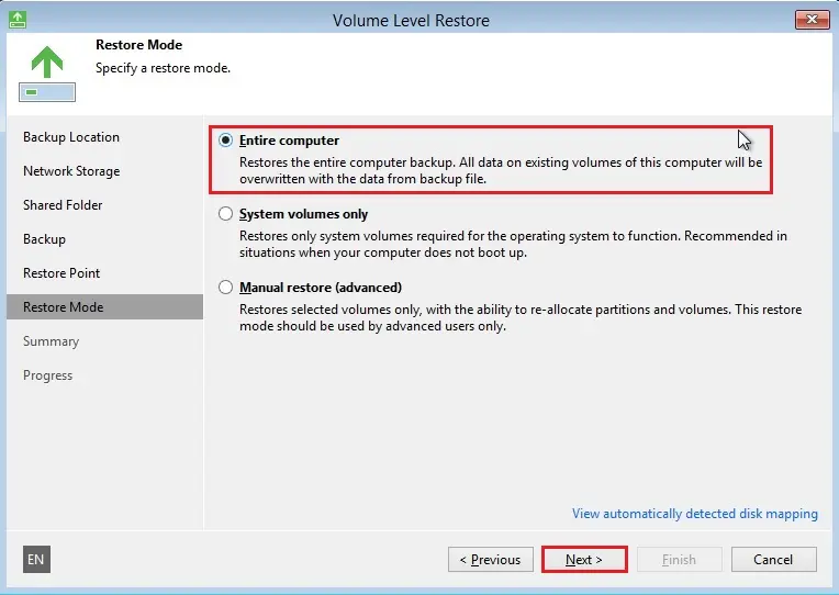 veeam recovery media restore mode