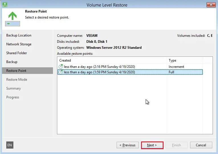 veeam recovery media restore point