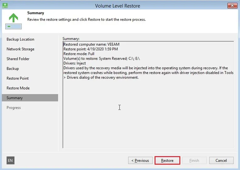 veeam recovery media summary