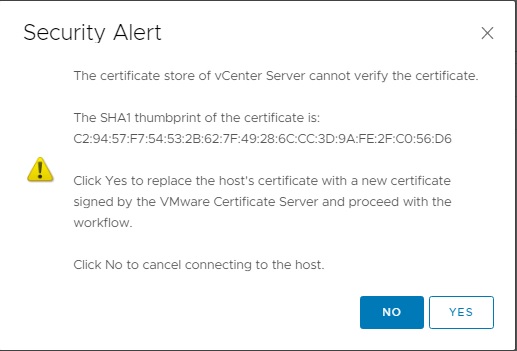vsphere add host security alert