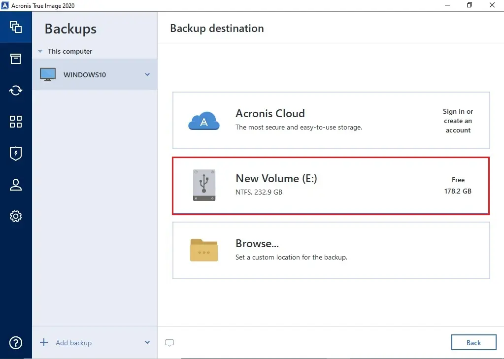 acronis 2020 backup destination