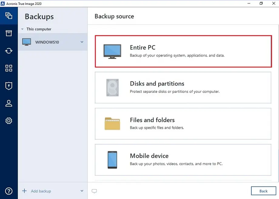 acronis 2020 backup source