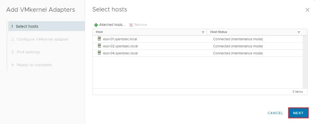 add vmkernel adapter attached hosts