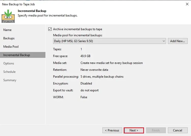 backup to tape wizard incremental
