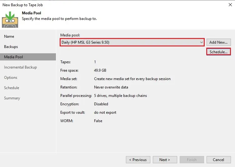 backup to tape wizard media pool