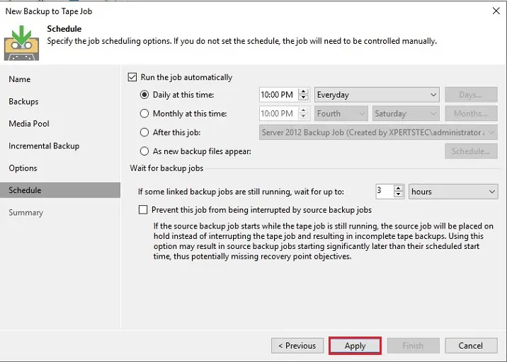 backup to tape wizard schedule