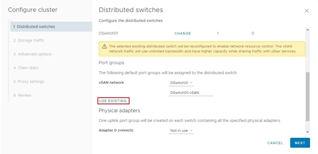 cluster wizard distributed switches