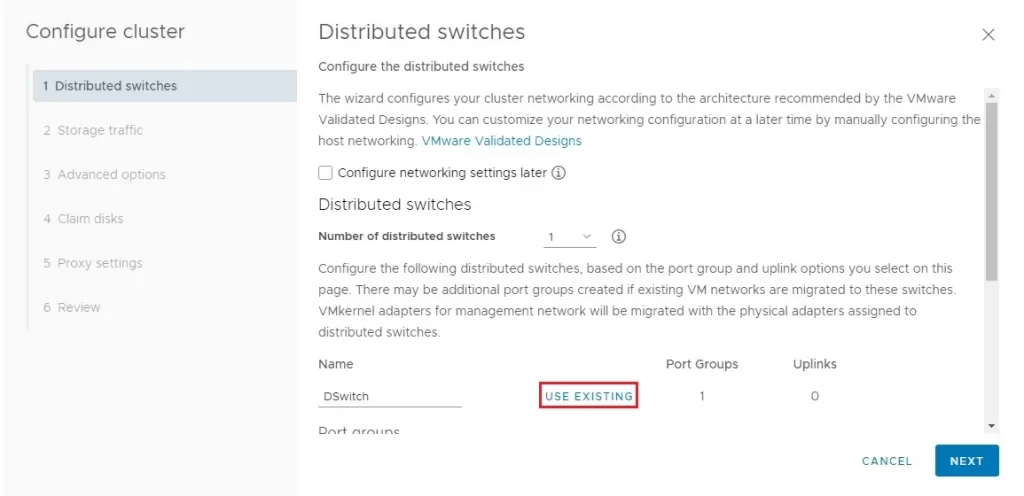 cluster wizard distributed switches