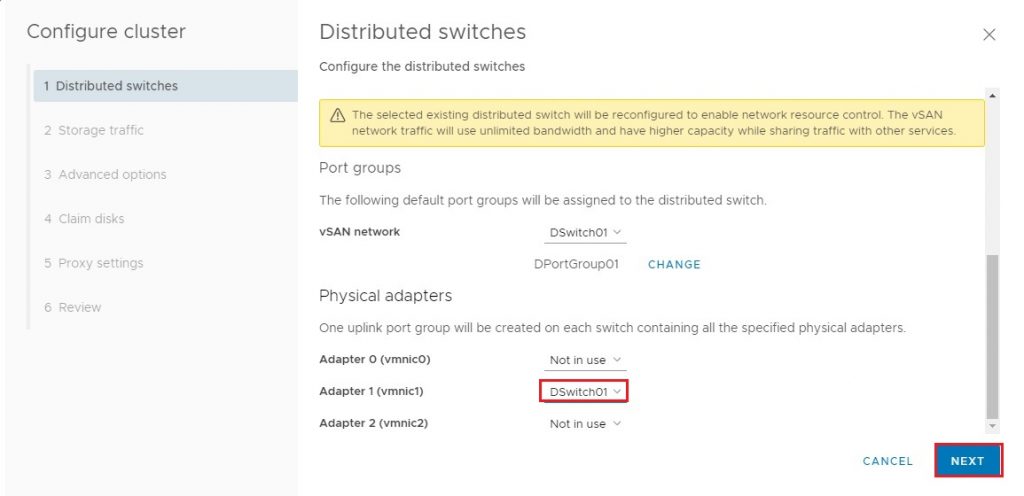 cluster wizard distributed switches