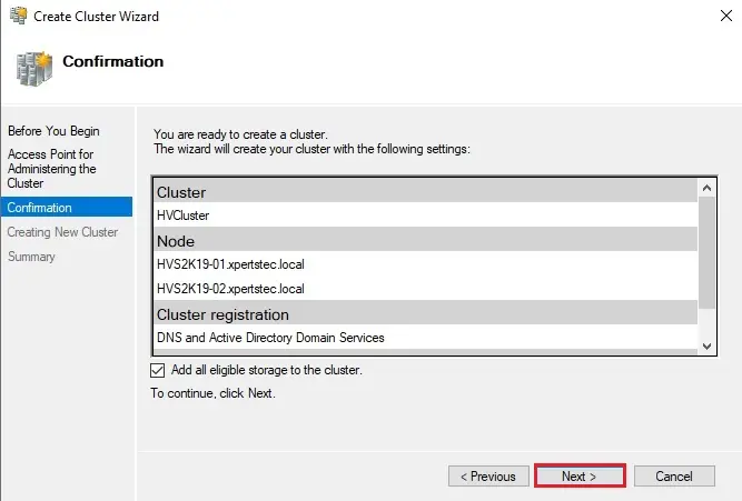 create cluster wizard confirmation