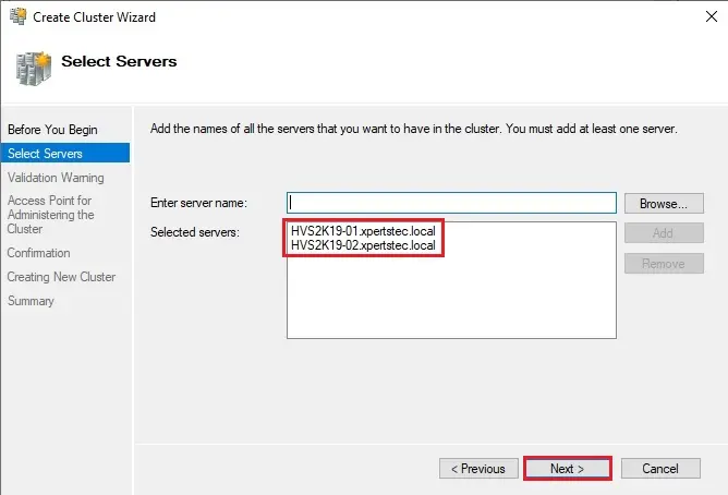 create cluster wizard select servers