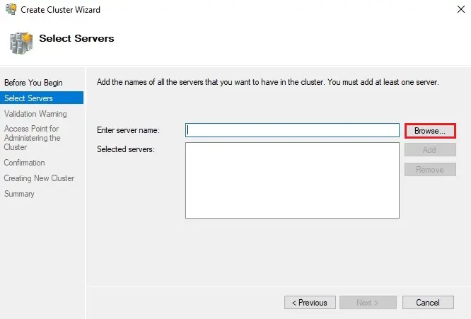 create cluster wizard select servers