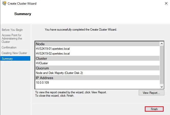 create cluster wizard summary