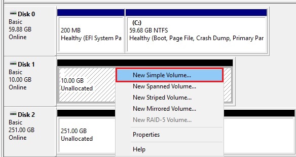 disk management new simple volume