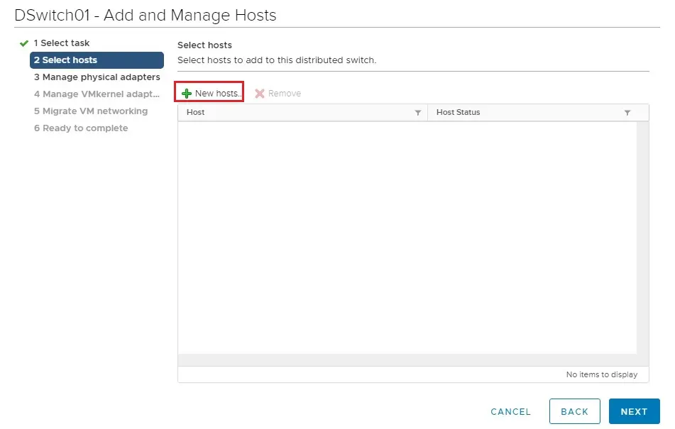 distributed switch add and manage select hosts