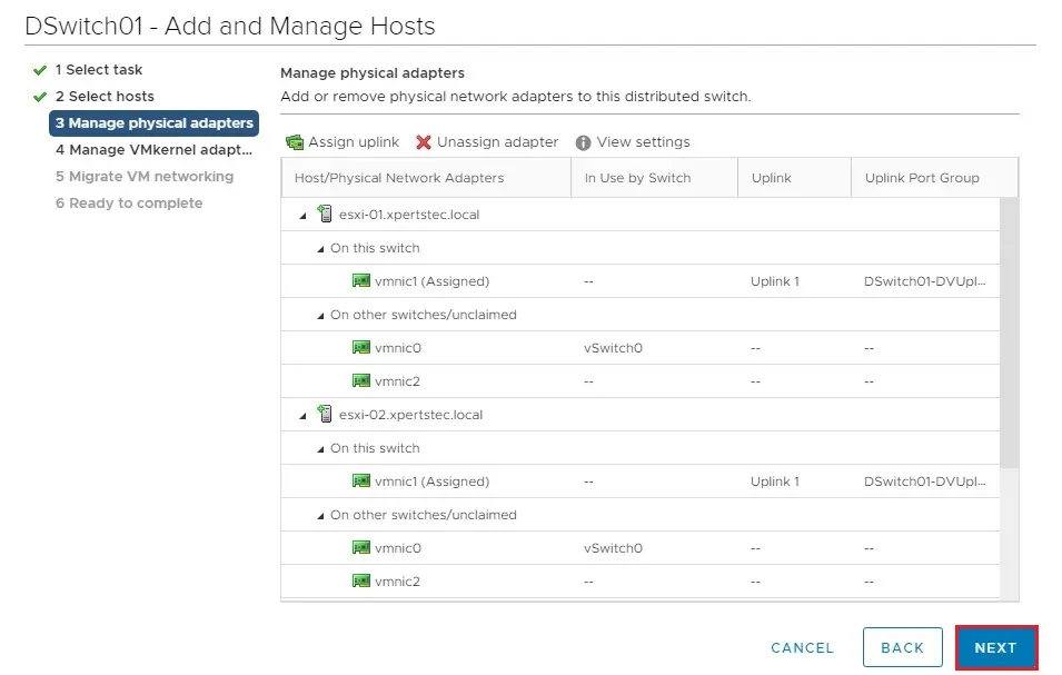 dswitch add and manage assign uplink