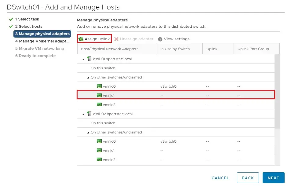 dswitch add and manage assign uplink