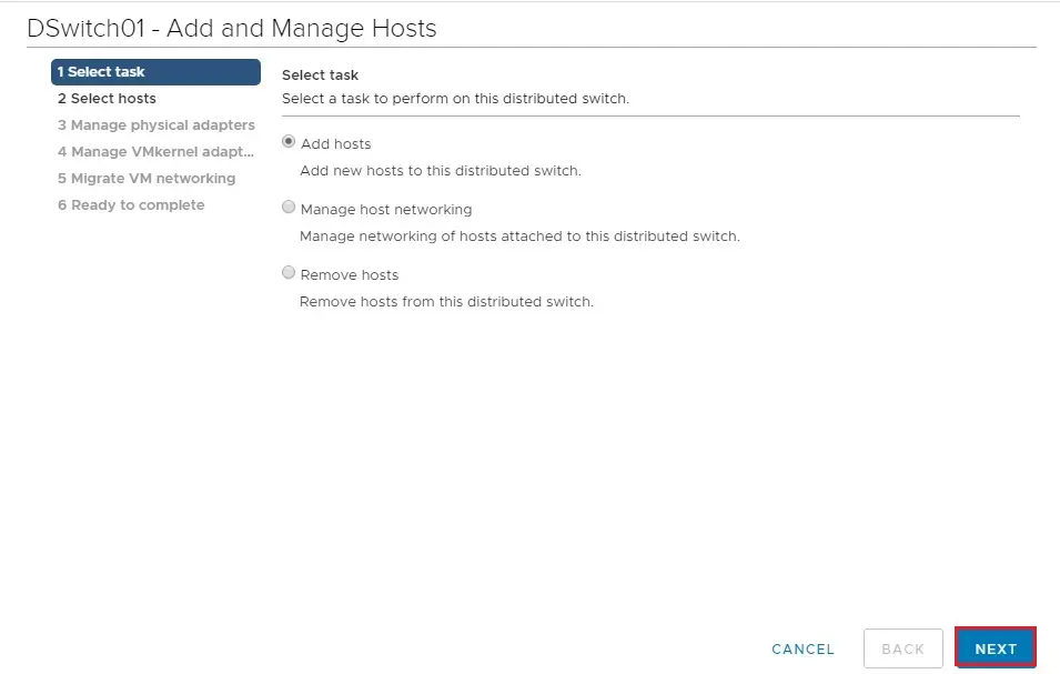 distributed switch add and manage hosts