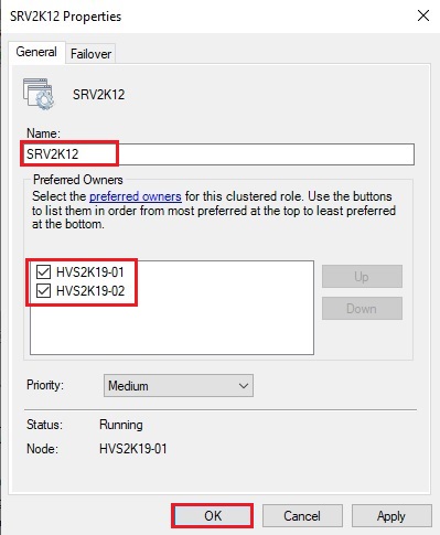 failover cluster nodes properties