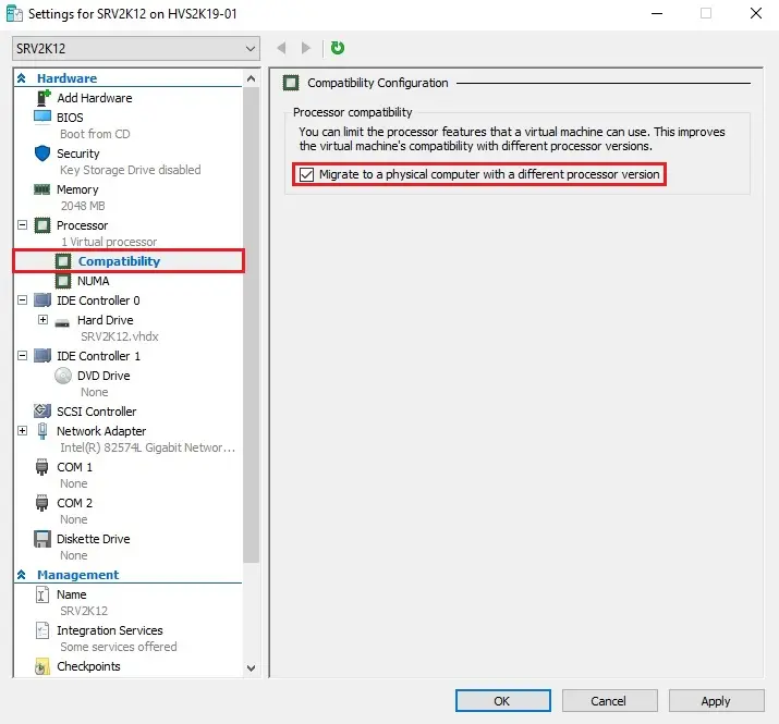 hyper v virtual machine settings