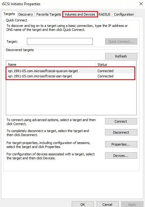 iscsi initiator properties hyper-v cluster