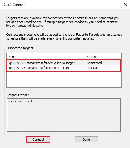 iscsi initiator quick connect hyper-v cluster